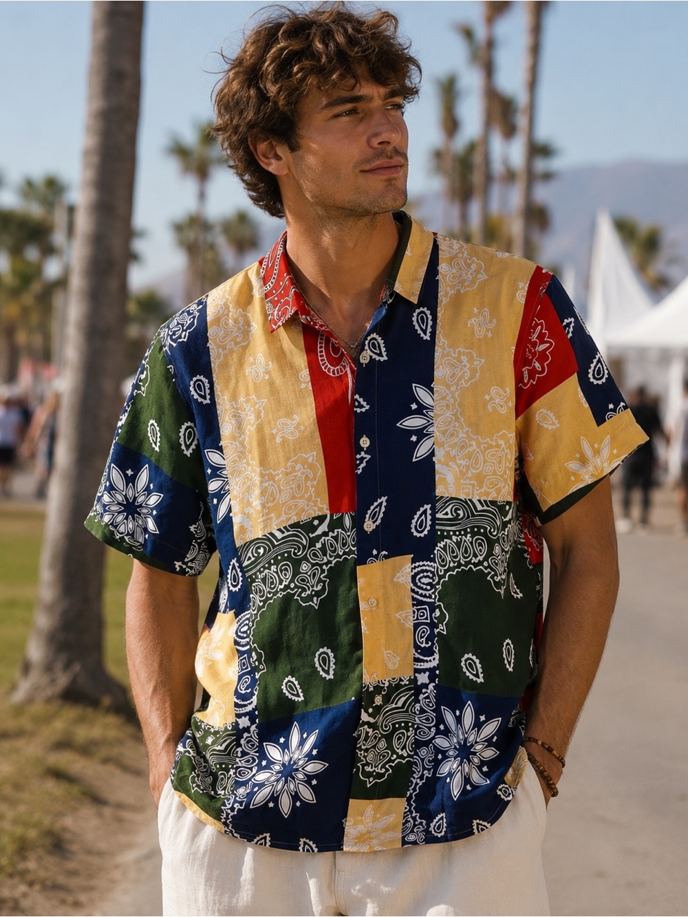 Rocawear Colorful Bandana Print Patchwork Y2K Festival Button Down Shirt Size L